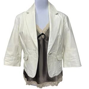 EUC - June Pearlescent Ivory 3/4 Sleeve Cropped Leather Jacket